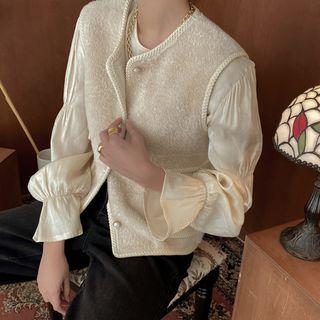 Piped Flap-pocket Furry Vest Beige - One Size