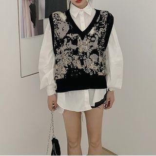V-neck Print Sweater Vest / Lantern-sleeve Shirt