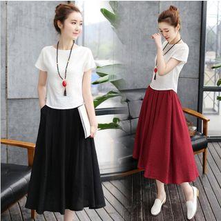 Set : Plain Short-sleeve Top + Skirt