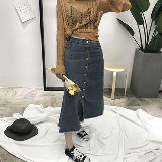 Ruffle Denim Midi Skirt