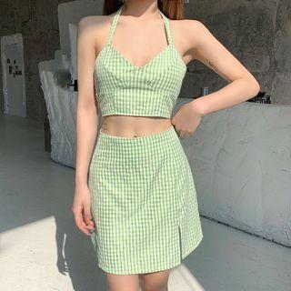 Set: Gingham Cropped Halter Top + Pencil Skirt