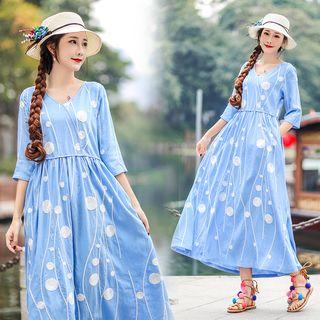 Ethnic Embroidered V-neck 3/4-sleeve Dress