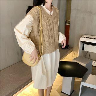 Plain Long-sleeve Shirt Dress / Cable-knit Vest