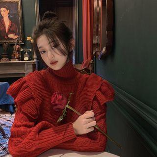 Ruffled Turtleneck Chunky Knit Sweater Red - One Size