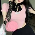 Short-sleeve Mock Two-piece Cropped T-shirt / Lace Arm Sleeves / Mini Pencil Skirt / Set