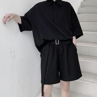 Set: Short-sleeve Plain Shirt + Straight Leg Shorts
