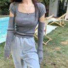 Long-sleeve Plain Square-neck Cut-out Knit Top