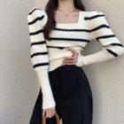 Long-sleeve Square-neck Striped Knit Top White - One Size