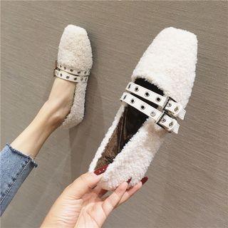 Square-toe Furry Buckled Flats