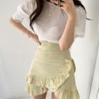 Set: Puff-sleeve Blouse + Ruffle Hem Mini A-line Skirt Set Of 2 - One Size