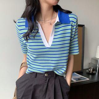 Short-sleeve Collar Striped T-shirt Blue - One Size
