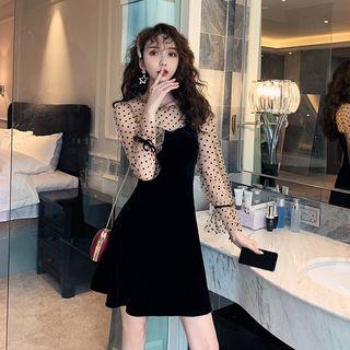 Dotted Mesh Panel Long-sleeve A-line Mini Velvet Dress