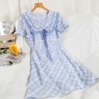 Short-sleeve Plaid Sailor Collar Frill Trim Midi A-line Dress