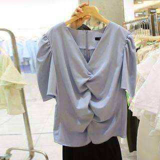V-neck Ruched Short-sleeve Chiffon Blouse