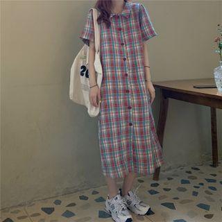 Short-sleeve Gingham Midi Shirtdress