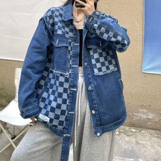 Checker Print Patched Denim Jacket