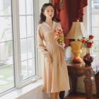 Square-neck Two Tone Ruffle Button-up A-line Dress