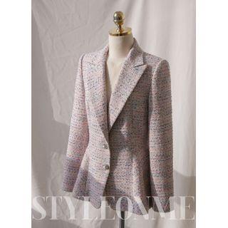 Button-detail Tweed Peplum Blazer