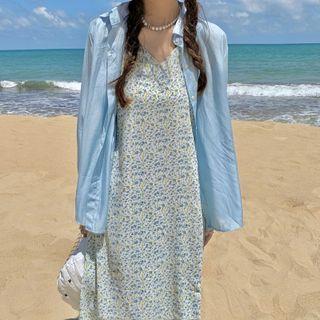 Spaghetti Strap Floral Print Midi Shift Dress / Shirt