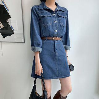 Flap-pocket Denim Shirtdress Blue - One Size