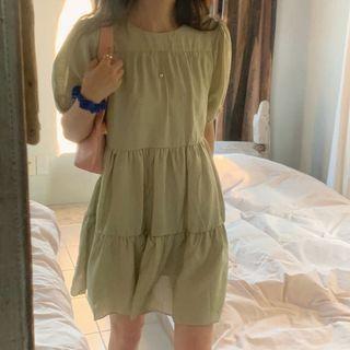 Puff Sleeve Ruched Tiered Dress Green - One Size