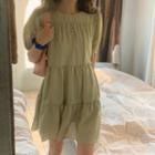 Puff Sleeve Ruched Tiered Dress Green - One Size