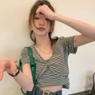 Mock Two-piece Short-sleeve Striped Cropped T-shirt Stripe - Black & Gray - One Size