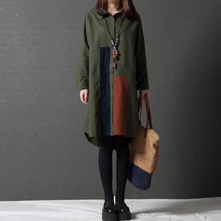 Long-sleeved Color-block Loose-fit Oversized Pocketed Sheath Dress