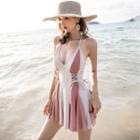 Color Block V-neck Drawstring Swimdress