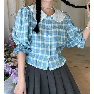Short-sleeve Lace Collar Plaid Shirt