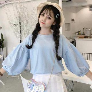 Plain Crew Neck Puff-sleeve Top