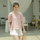 Puff-sleeve Scalloped Button-up Blouse