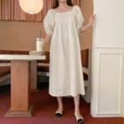 Balloon-sleeve Square-neck Dress Beige - One Size