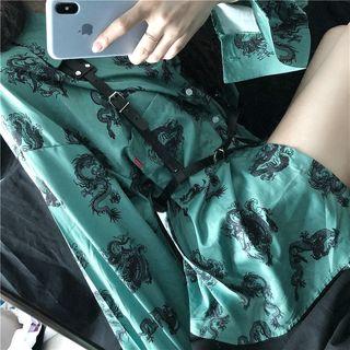 Dragon Print Oversize Shirt / Tie / High-waist Shorts