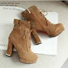 Faux Leather Block Heel Frill Trim Short Boots