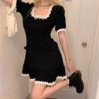Lace Trim Short-sleeve Mini A-line Dress Dress - Black - One Size