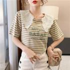 Short-sleeve Striped Lace Collar T-shirt
