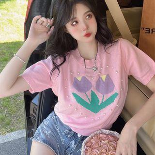 Short-sleeve Print Knit Cropped Top Pink & Purple - One Size