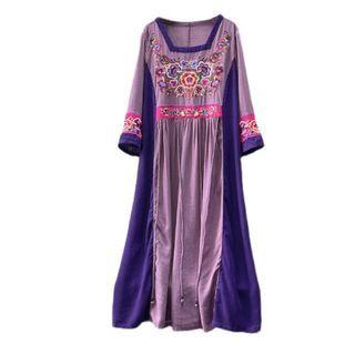 Long-sleeve Embroidered Midi A-line Dress Purple - One Size