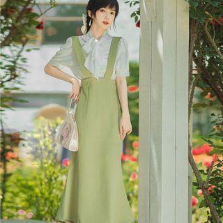 Set: Short-sleeve Bow Shirt + Midi Pinafore Mermaid Dress
