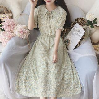 Floral Short-sleeve Tie-neck Midi A-line Dress