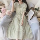 Floral Short-sleeve Tie-neck Midi A-line Dress