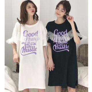 Lettering Short-sleeve Mesh Trim T-shirt Dress
