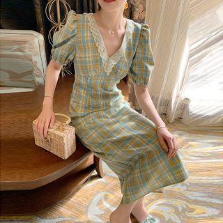 Plaid Puff-sleeve Maxi Sheath Dress