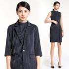 Set: 3/4-sleeve Striped Blazer + Sleeveless Dress