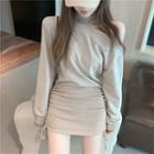 Long-sleeve Mock-neck Cutout Mini Dress Light Khaki - One Size
