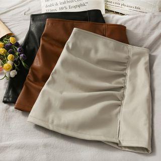 Faux Leather Pleated Split A-line Skirt