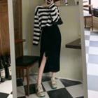 Long-sleeve Striped T-shirt / Midi Skirt