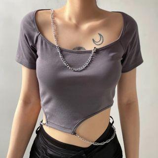Short-sleeve Square-neck Plain Chain Cropped T-shirt