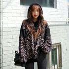 Extra Long-sleeve Leopard-panel Hoodie Black - One Size